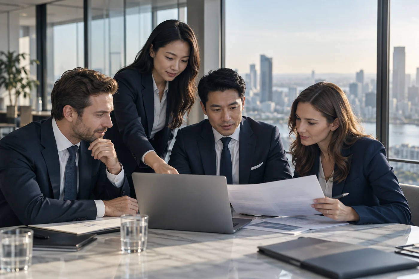 Business professionals discussing a market-entry plan in a bright office; illustrative image
